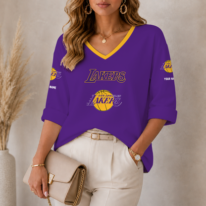 [HOT DEAL] NEW CUSTOMIZED NBA09 LLA LOS ANGELES LAKERS WOMEN'S HEART V-NECK LONG SLEEVE SHIRT
