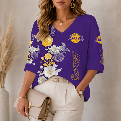 [HOT DEAL] NEW CUSTOMIZED NBA09 LLA LOS ANGELES LAKERS WOMEN'S V-NECK LONG SLEEVE SHIRT