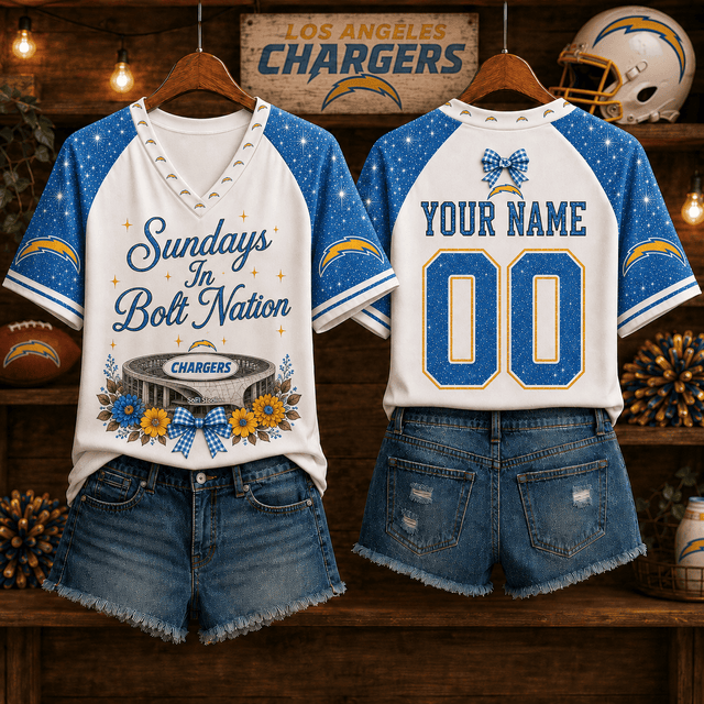 EXCLUSIVE EDITION - NEW CUSTOMIZED NFL09 LAC LOS ANGELES CHARGERS V-NECK FEMALE SHIRT