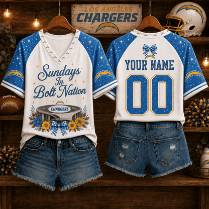 EXCLUSIVE EDITION - NEW CUSTOMIZED NFL09 LAC LOS ANGELES CHARGERS V-NECK FEMALE SHIRT