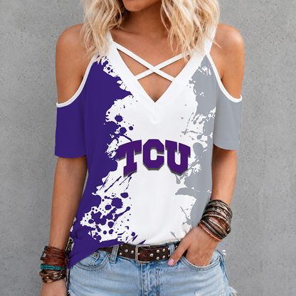 [FAN FAVORITE] NEW CUSTOMIZED NCAA FBS09 THF TCU HORNED FROGS CRISS CROSS V-NECK TOP