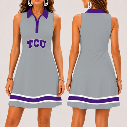[FAN FAVORITE] NEW CUSTOMIZED NCAA FBS09 THF TCU HORNED FROGS WOMEN'S ZIP SLEEVELESS POLO DRESS