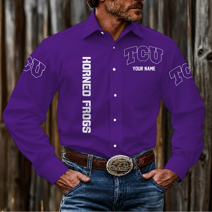 LIMITED EDITION - NEW CUSTOMIZED NCAA FBS09 THF TCU HORNED FROGS MEN'S LONG SLEEVE BUTTON-UP SHIRT