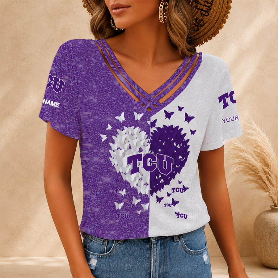 [FAN FAVORITE] NEW CUSTOMIZED NCAA FBS09 THF TCU HORNED FROGS V-NECK SHIRT