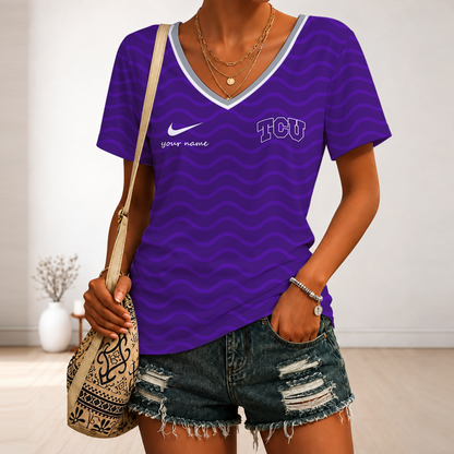 [FAN FAVORITE] NEW CUSTOMIZED NCAA FBS09 THF TCU HORNED FROGS V-NECK FEMALE SHIRT