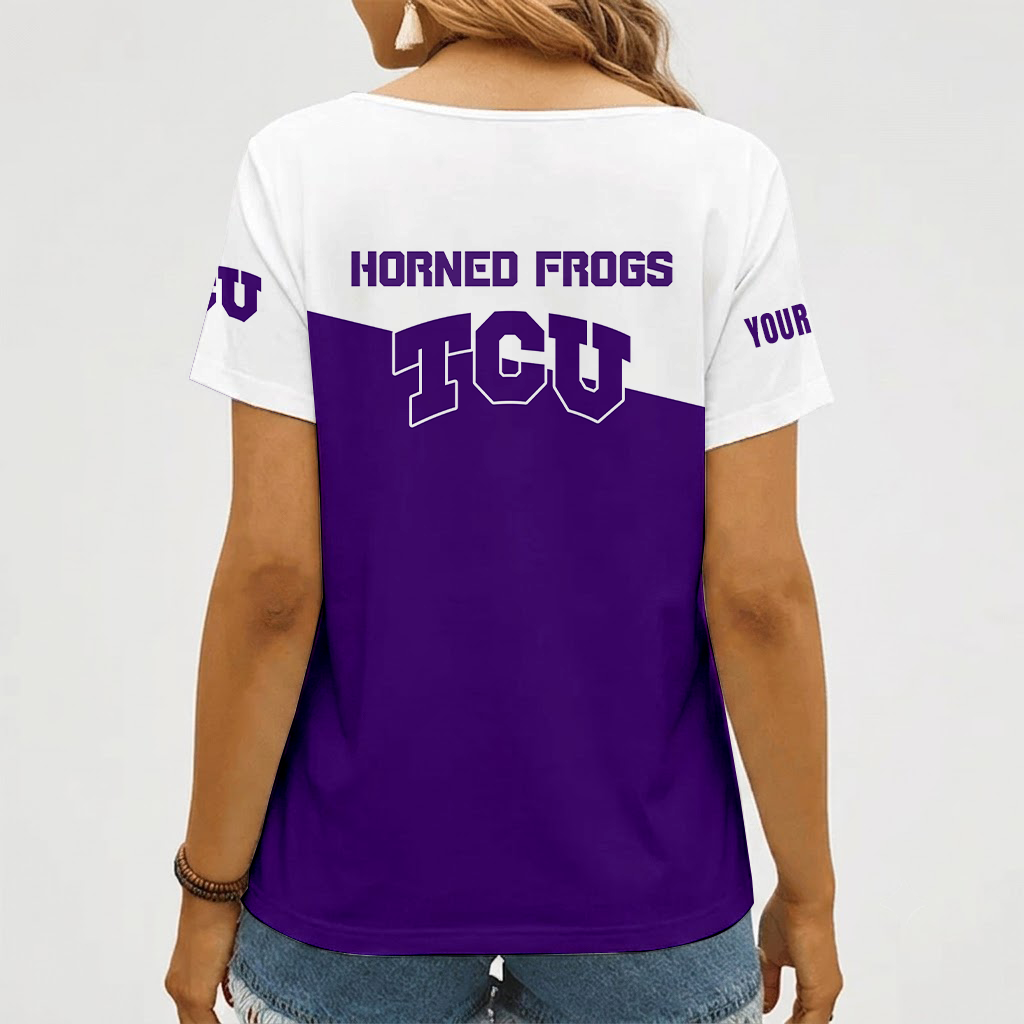 [FAN FAVORITE] NEW CUSTOMIZED NCAA FBS09 THF TCU HORNED FROGS V-NECK FEMALE SHIRT