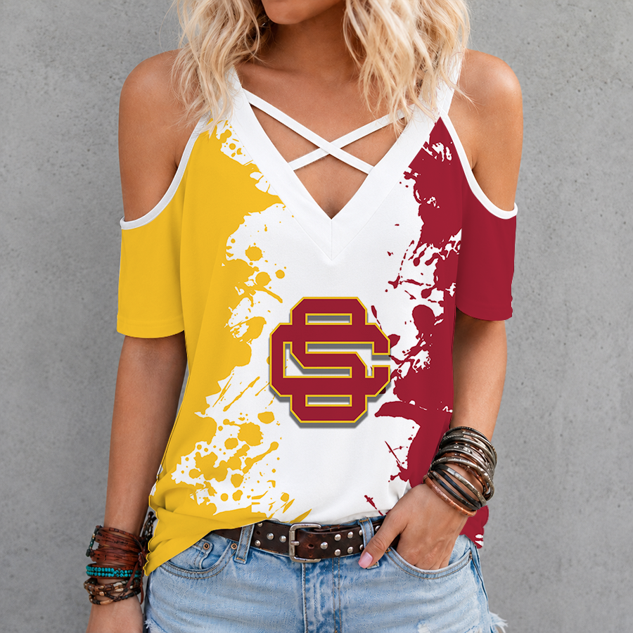 [FAN FAVORITE] NEW CUSTOMIZED NCAA CWS09 USC USC TROJANS CRISS CROSS V-NECK TOP