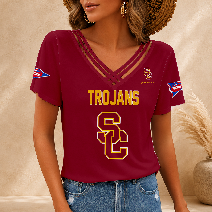 [FAN FAVORITE] NEW CUSTOMIZED NCAA CWS09 USC USC TROJANS V-NECK SHIRT