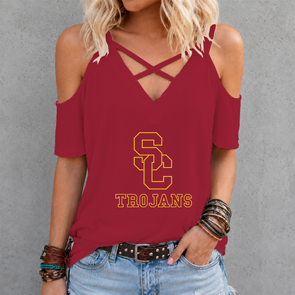 [FAN FAVORITE] NEW CUSTOMIZED NCAA CWS09 USC USC TROJANS CRISS CROSS V-NECK TOP