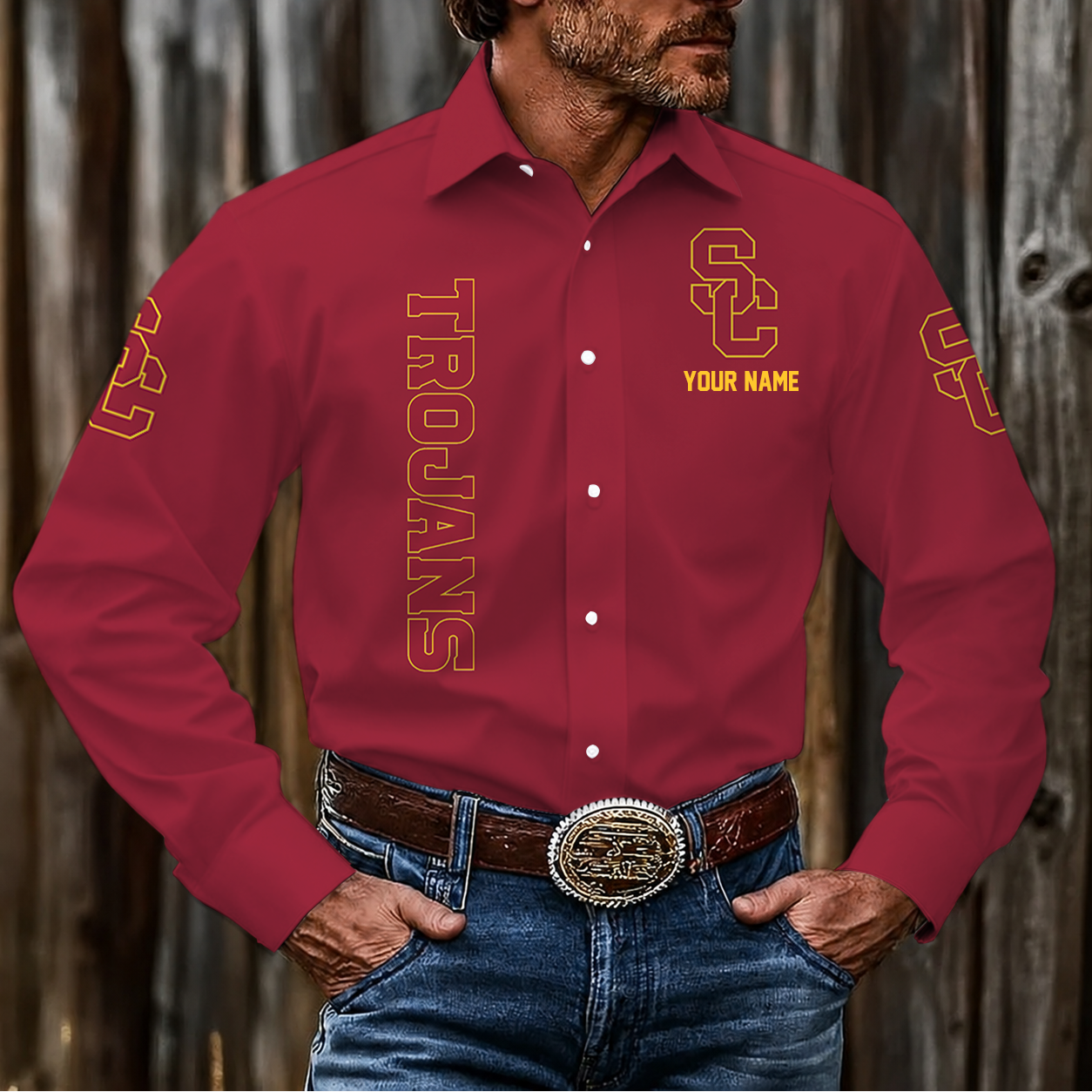 LIMITED EDITION - NEW CUSTOMIZED NCAA CWS09 USC USC TROJANS MEN'S LONG SLEEVE BUTTON-UP SHIRT