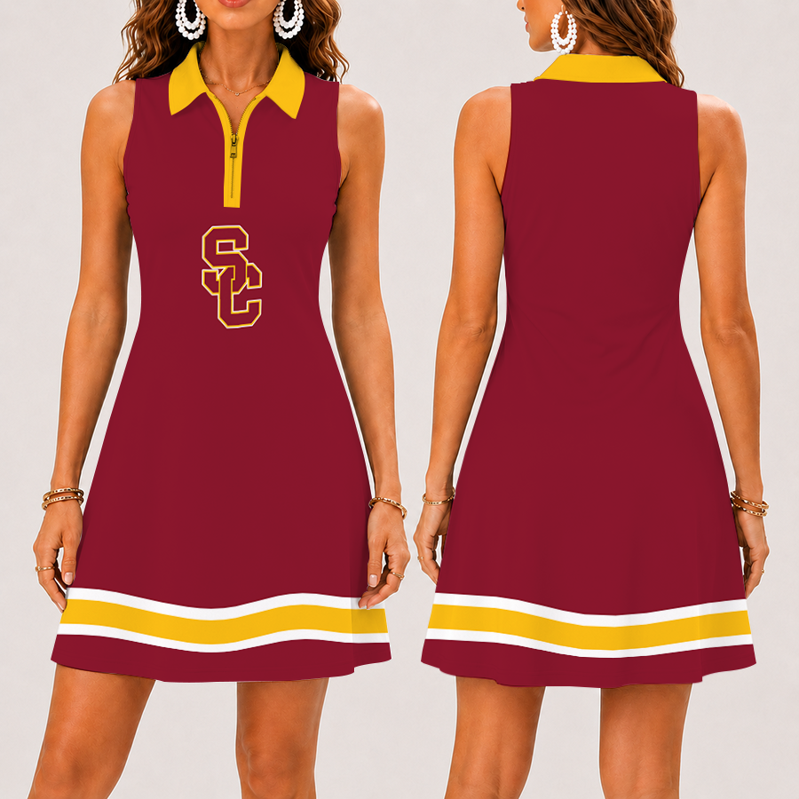 [FAN FAVORITE] NEW CUSTOMIZED NCAA CWS09 USC USC TROJANS WOMEN'S ZIP SLEEVELESS POLO DRESS