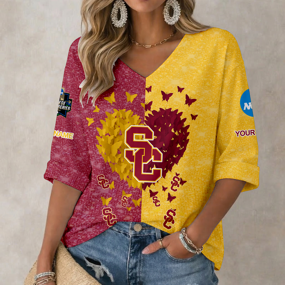 LIMITED EDITION - NEW CUSTOMIZED NCAA CWS09 USC USC TROJANS WOMEN'S HEART V-NECK LONG SLEEVE SHIRT