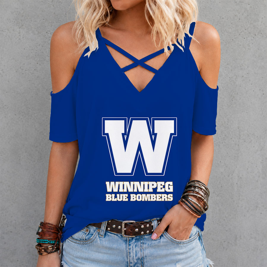 [FAN EXCLUSIVE] NEW CUSTOMIZED CFL09 WPG WINNIPEG BLUE BOMBERS STRAPPY CRISS CROSS V-NECK TOP