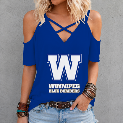 [FAN EXCLUSIVE] NEW CUSTOMIZED CFL09 WPG WINNIPEG BLUE BOMBERS STRAPPY CRISS CROSS V-NECK TOP