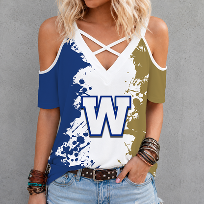[FAN EXCLUSIVE] NEW CUSTOMIZED CFL09 WPG WINNIPEG BLUE BOMBERS STRAPPY CRISS CROSS V-NECK TOP