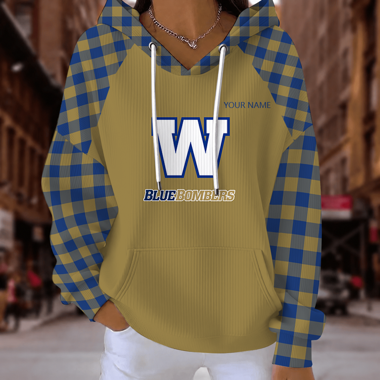 [FAN EXCLUSIVE] NEW CUSTOMIZED CFL09 WPG WINNIPEG BLUE BOMBERS STRAPPY RIBBED HOODIE & SWEATSHIRT