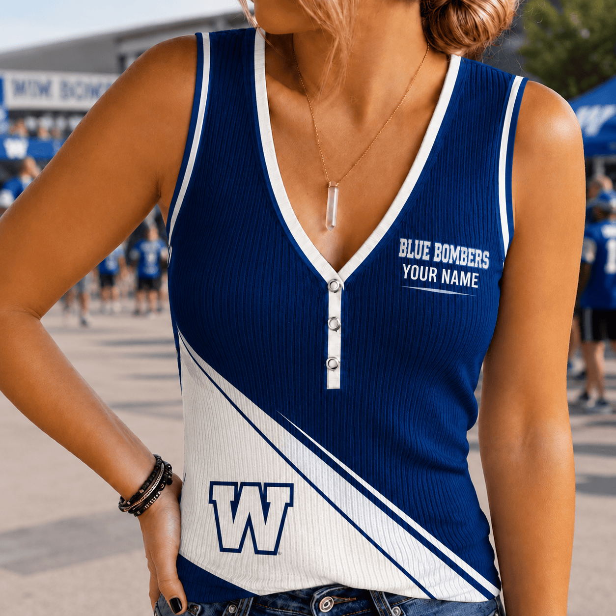 [FAN EXCLUSIVE] NEW CUSTOMIZED CFL09 WPG WINNIPEG BLUE BOMBERS WOMEN'S V-NECK TANK TOP