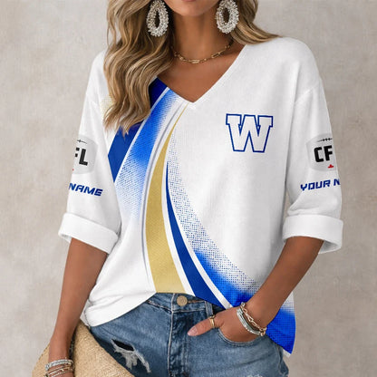 [FAN EXCLUSIVE] NEW CUSTOMIZED CFL09 WPG WINNIPEG BLUE BOMBERS WOMEN'S HEART V-NECK LONG SLEEVE SHIRT