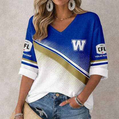 [FAN EXCLUSIVE] NEW CUSTOMIZED CFL09 WPG WINNIPEG BLUE BOMBERS WOMEN'S HEART V-NECK LONG SLEEVE SHIRT