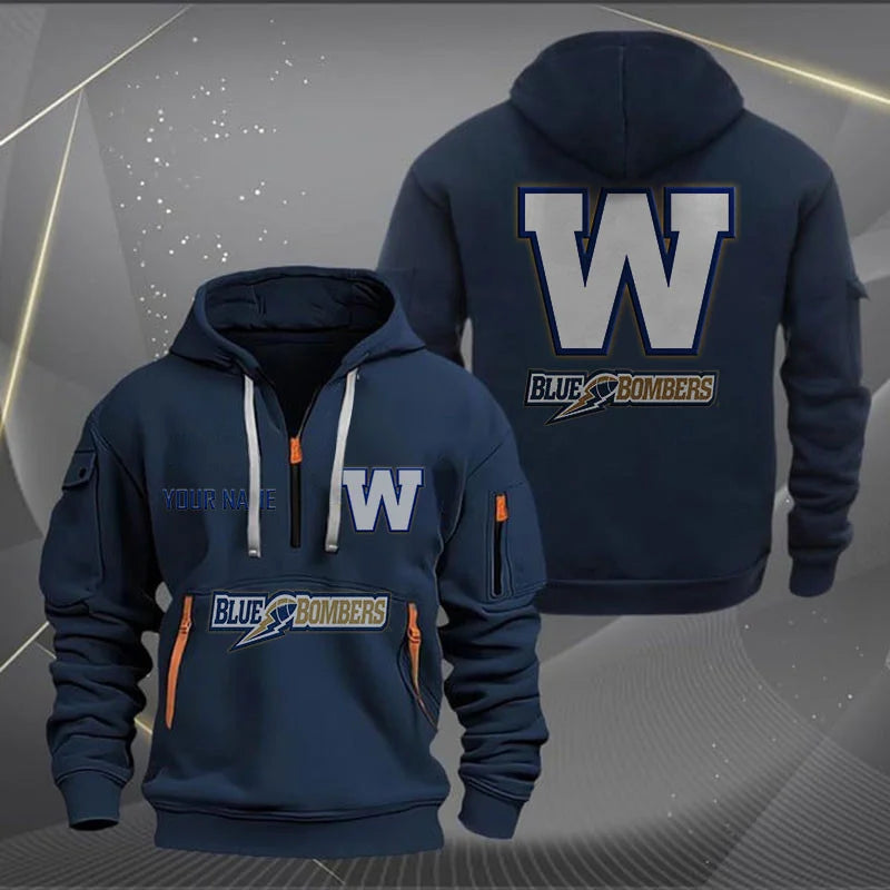 [FAN EXCLUSIVE] NEW CUSTOMIZED CFL09 WPG WINNIPEG BLUE BOMBERS MUTICOLOR QUARTER ZIP HOODIE