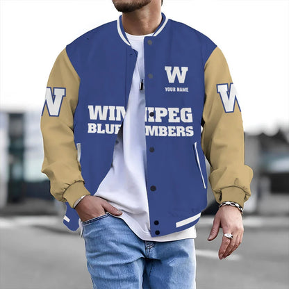 [FAN EXCLUSIVE] NEW CUSTOMIZED CFL09 WPG WINNIPEG BLUE BOMBERS BASEBALL JACKET & SATIN VARSITY JACKET