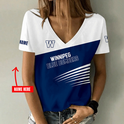 [FAN EXCLUSIVE] NEW CUSTOMIZED CFL09 WPG WINNIPEG BLUE BOMBERS STRAPPY V-NECK FEMALE SHIRT