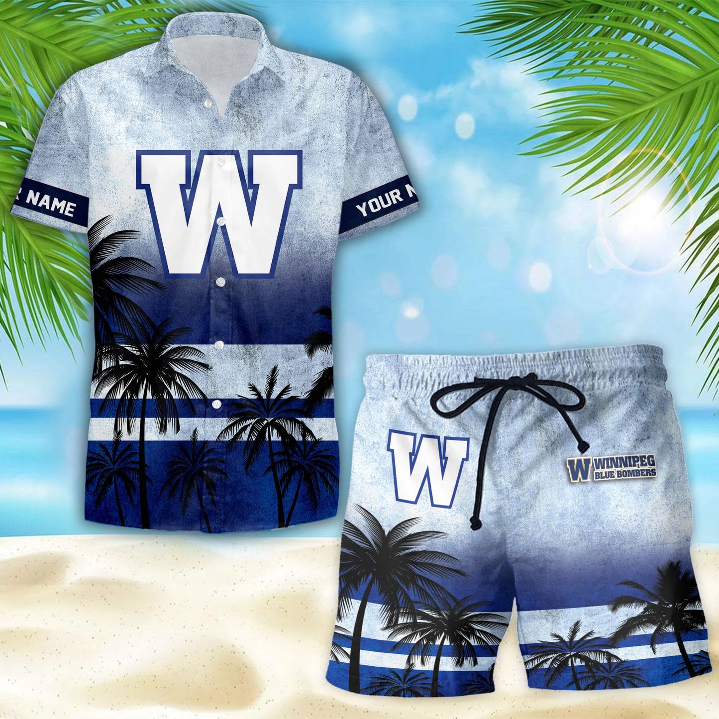 [FAN EXCLUSIVE] NEW CUSTOMIZED CFL09 WPG WINNIPEG BLUE BOMBERS HAWAIIAN SHIRT & SHORTS SET