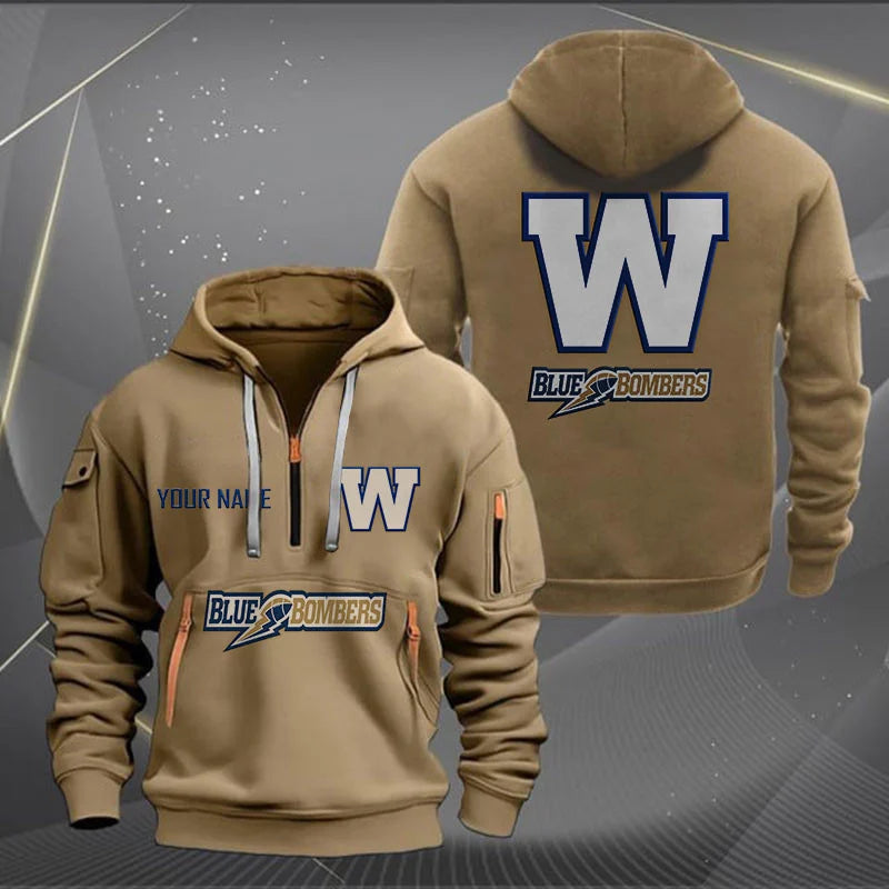 [FAN EXCLUSIVE] NEW CUSTOMIZED CFL09 WPG WINNIPEG BLUE BOMBERS MUTICOLOR QUARTER ZIP HOODIE