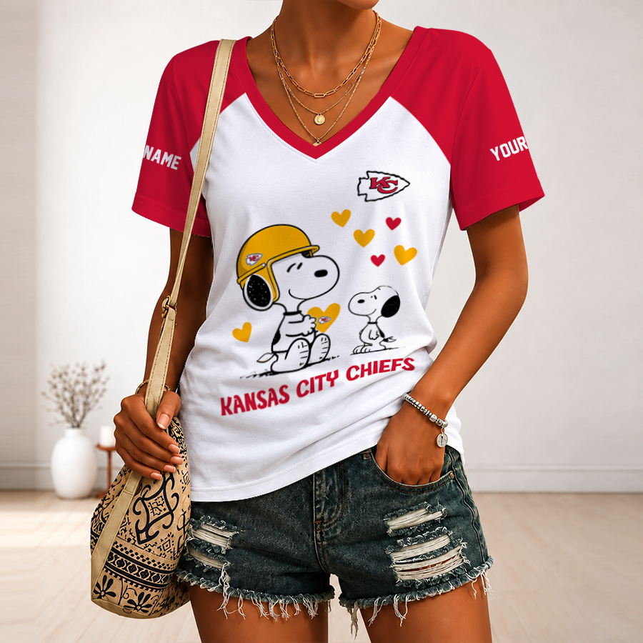 [SPECIAL OFFER] NEW CUSTOMIZED NFL01 KCC KANSAS CITY CHIEFS V-NECK FEMALE SHIRT