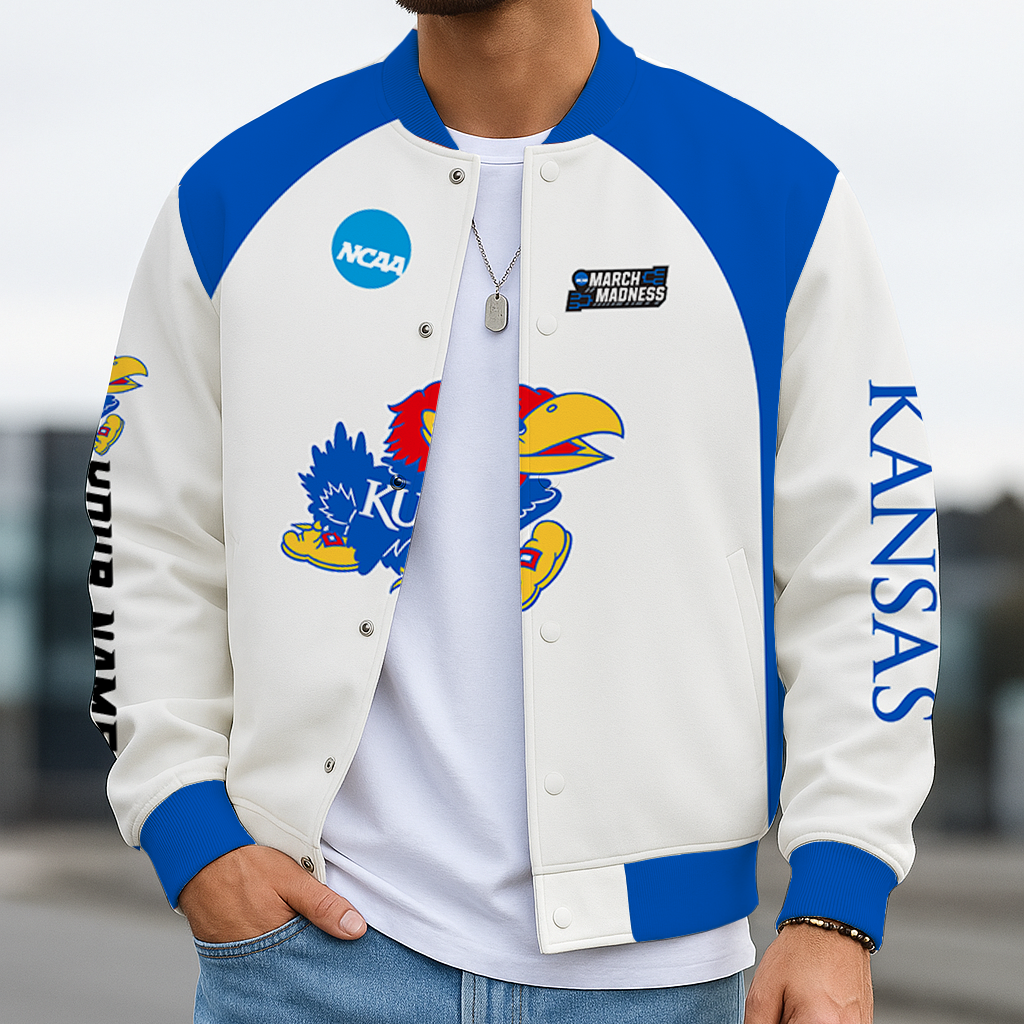 LIMITED EDITION - NEW CUSTOMIZED NCAA MAM01 KSJ KANSAS JAYHAWKS BASEBALL JACKET, SATIN VARSITY JACKET