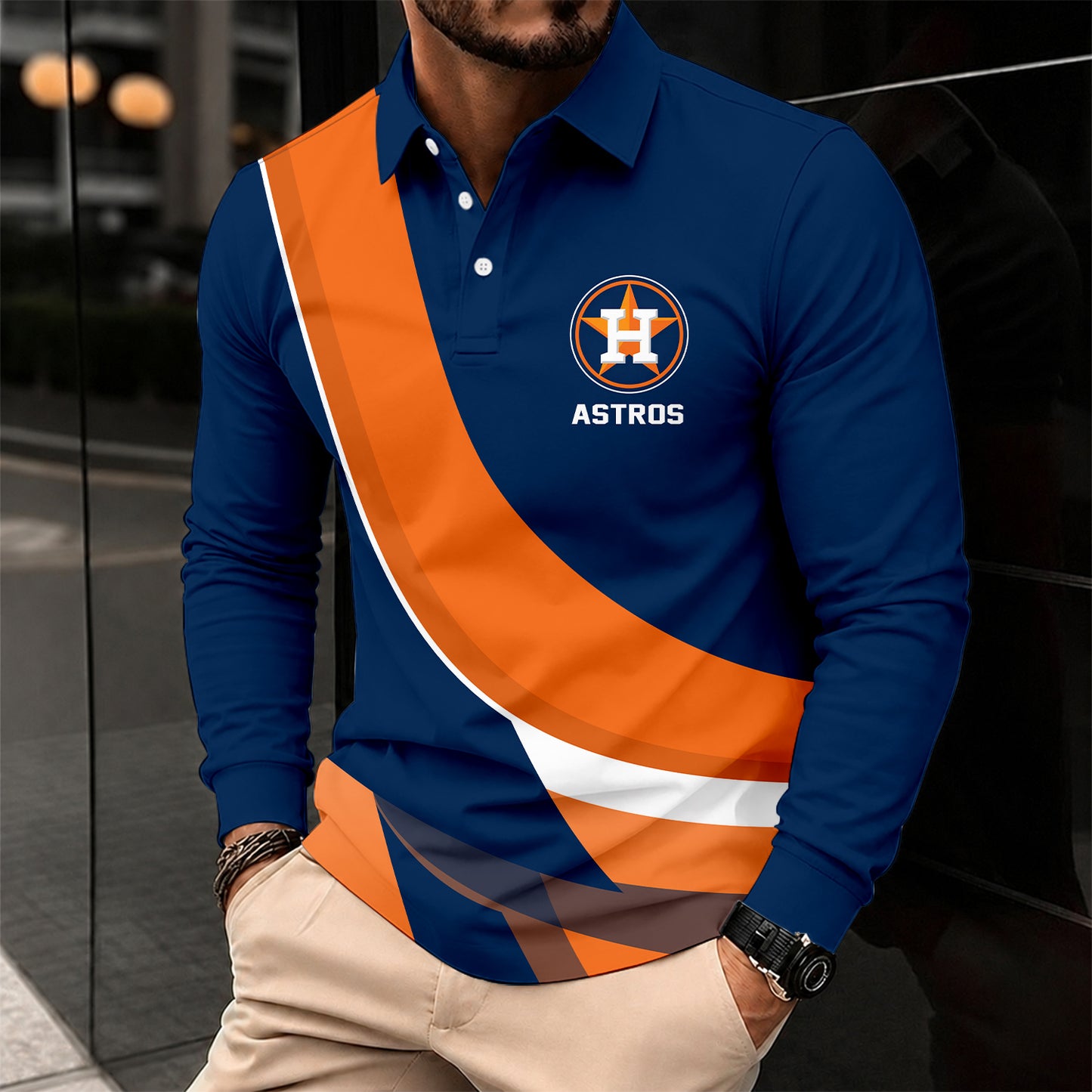 [FLASH SALE] NEW CUSTOMIZED MLB10 HAS HOUSTON ASTROS MEN'S LONG SLEEVE POLO