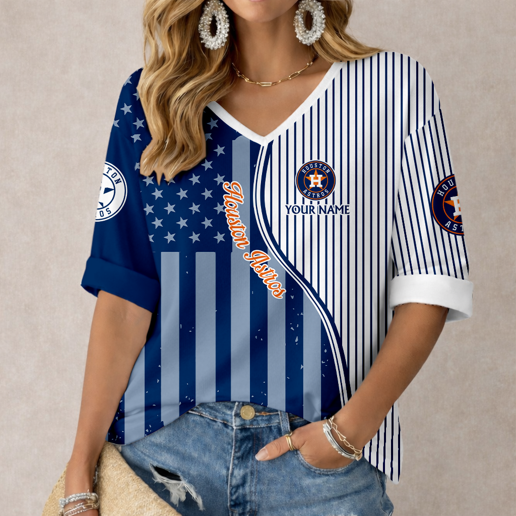 ELITE EDITION - NEW CUSTOMIZED MLB10 HAS HOUSTON ASTROS WOMEN'S HEART V-NECK LONG SLEEVE SHIRT