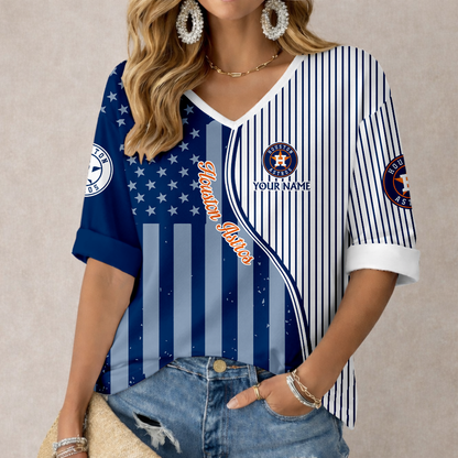 ELITE EDITION - NEW CUSTOMIZED MLB10 HAS HOUSTON ASTROS WOMEN'S HEART V-NECK LONG SLEEVE SHIRT