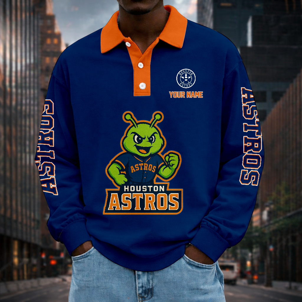 LIMITED EDITION - NEW CUSTOMIZED MLB10 HAS HOUSTON ASTROS MEN LONG SLEEVE POLO
