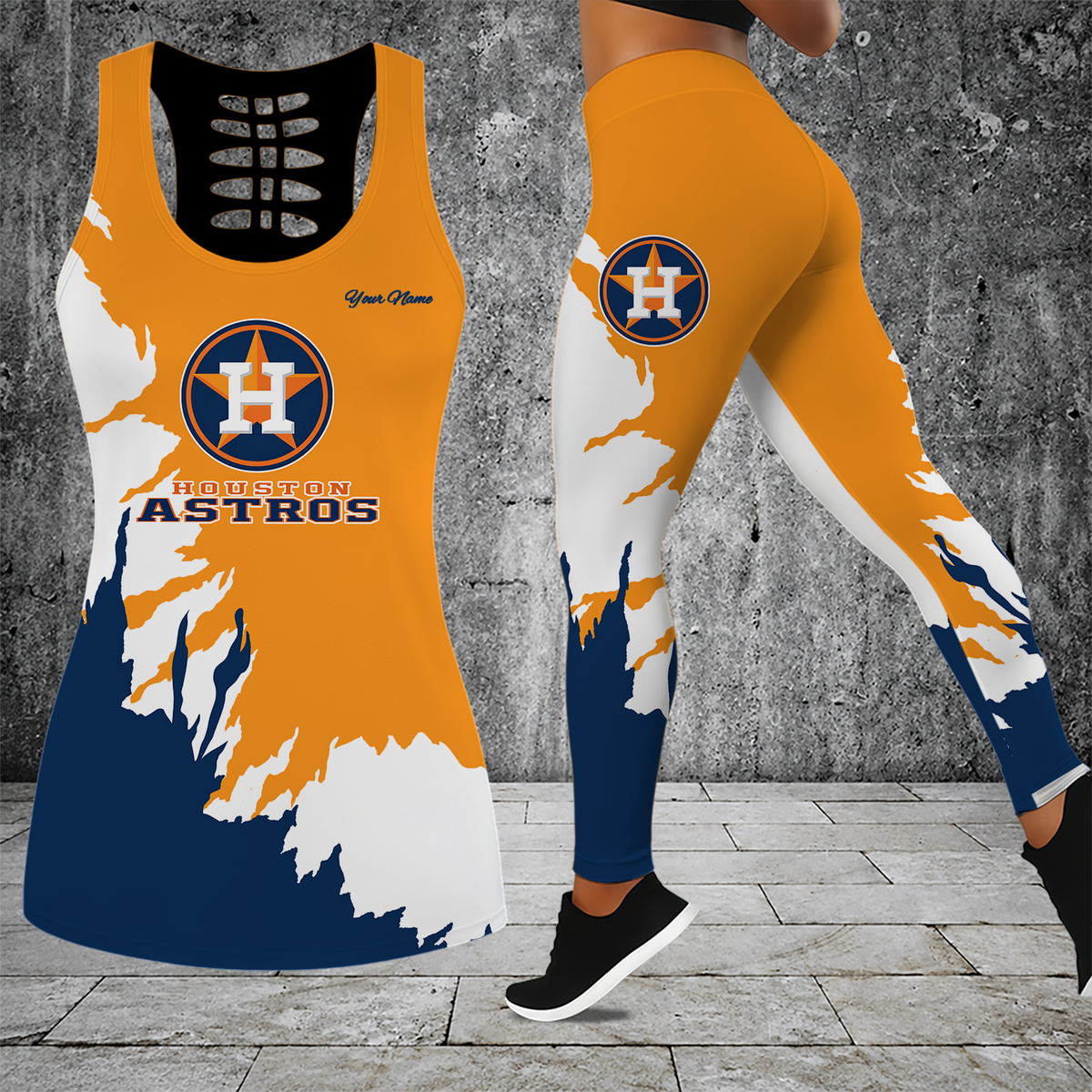 [FLASH SALE] NEW CUSTOMIZED MLB10 HAS HOUSTON ASTROS HOLLOW TANK TOP & LEGGINGS SET
