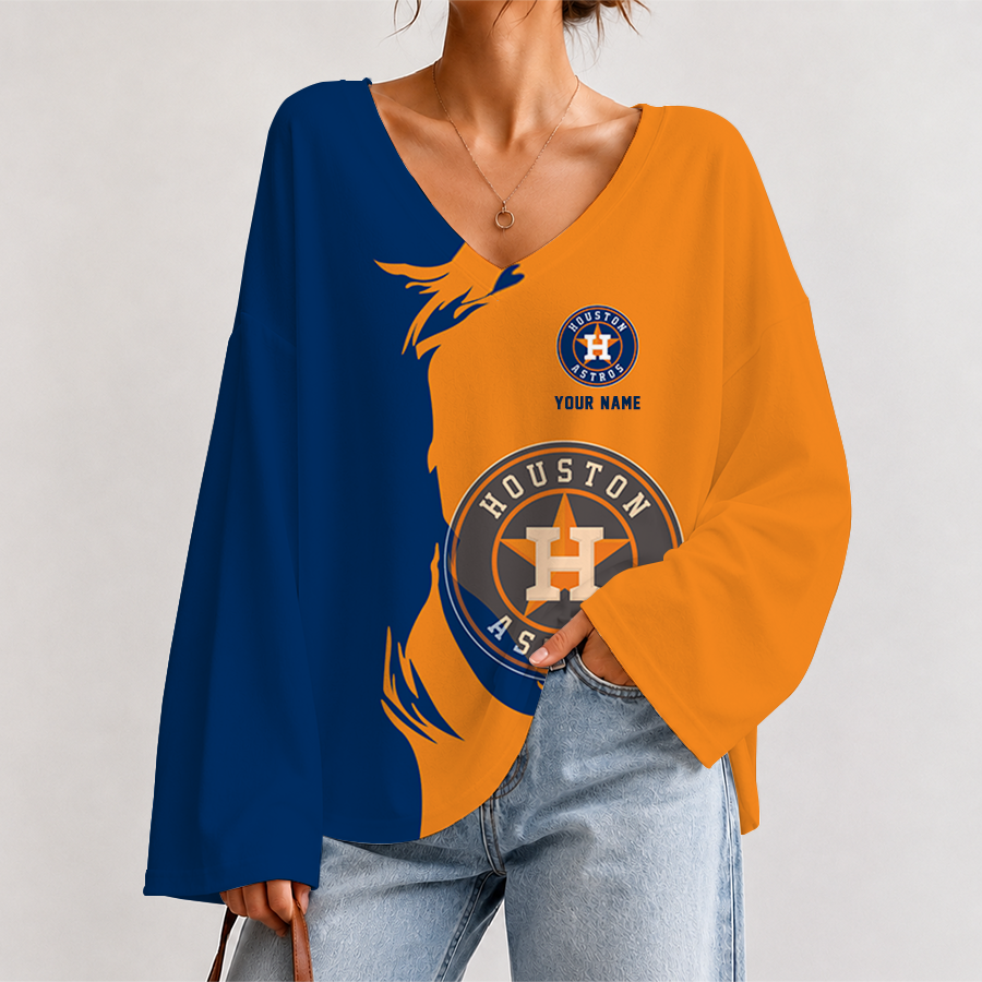 [FLASH SALE] NEW CUSTOMIZED MLB10 HAS HOUSTON ASTROS V-NECK LONG SLEEVED CROP TOP