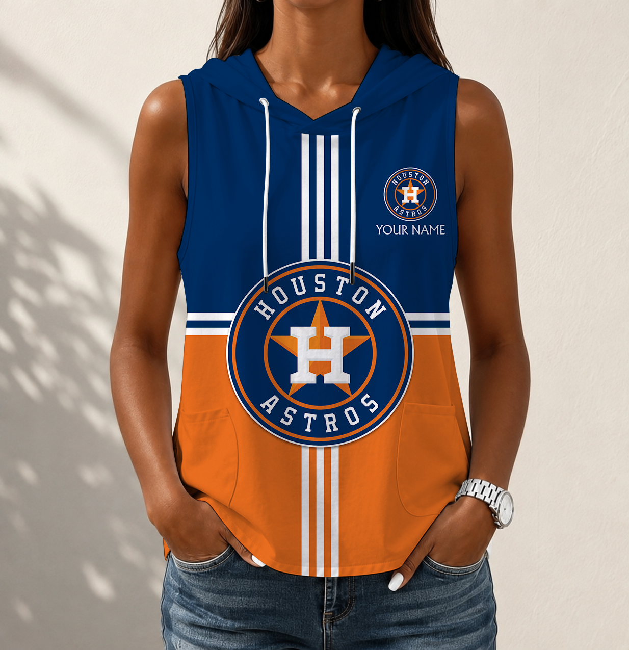 LIMITED EDITION - NEW CUSTOMIZED MLB10 HAS HOUSTON ASTROS WOMEN'S SLEEVELESS HOODED POCKET TANK TOP