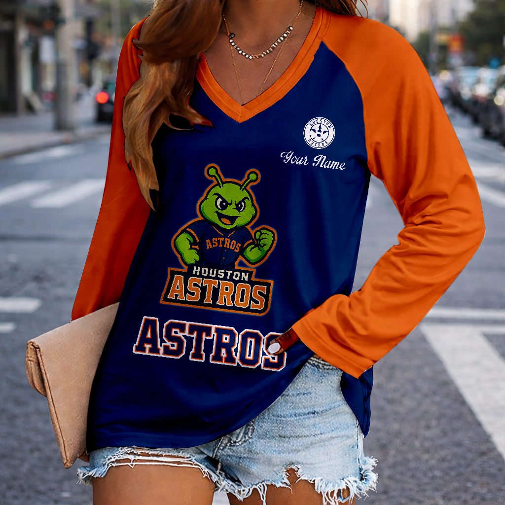 LIMITED EDITION - NEW CUSTOMIZED MLB10 HAS HOUSTON ASTROS WOMEN'S V-NECK LONG SLEEVED SHIRT