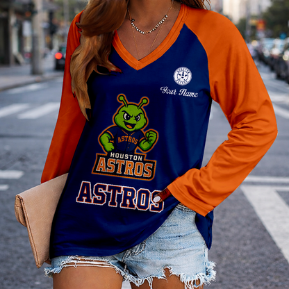 LIMITED EDITION - NEW CUSTOMIZED MLB10 HAS HOUSTON ASTROS WOMEN'S V-NECK LONG SLEEVED SHIRT