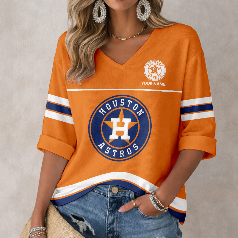 LIMITED EDITION - NEW CUSTOMIZED MLB10 HAS HOUSTON ASTROS WOMEN'S HEART V-NECK LONG SLEEVE SHIRT