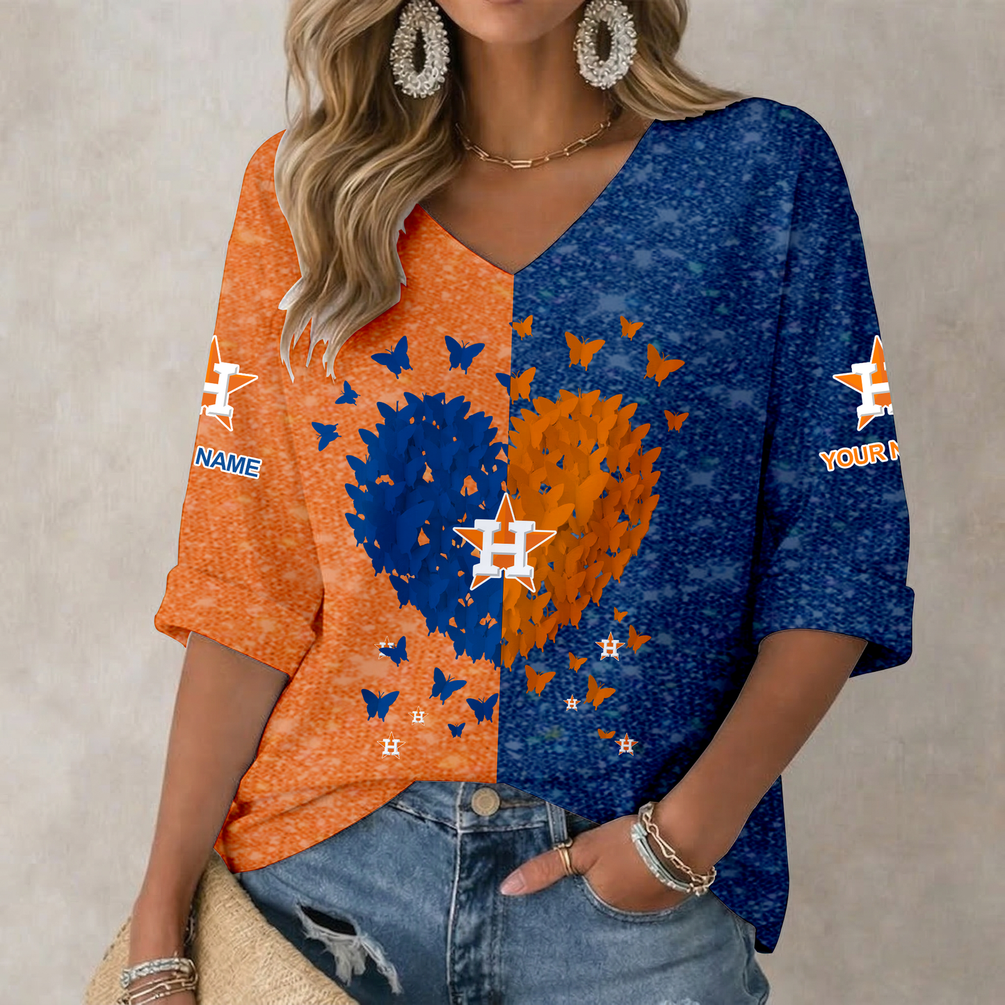 LIMITED EDITION - NEW CUSTOMIZED MLB10 HAS HOUSTON ASTROS WOMEN'S HEART V-NECK LONG SLEEVE SHIRT
