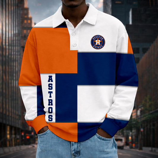LIMITED EDITION - NEW CUSTOMIZED MLB10 HAS HOUSTON ASTROS MEN LONG SLEEVE POLO