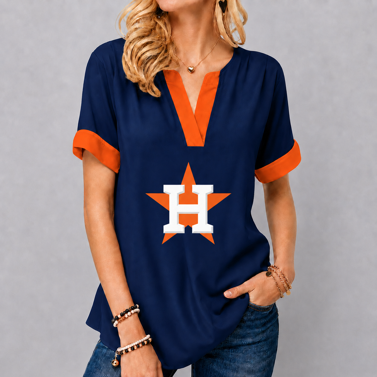LIMITED EDITION - NEW CUSTOMIZED MLB10 HAS HOUSTON ASTROS V-NECK FEMALE SHIRT