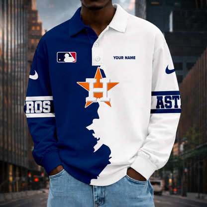 LIMITED EDITION - NEW CUSTOMIZED MLB10 HAS HOUSTON ASTROS MEN LONG SLEEVE POLO