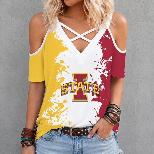[FAN FAVORITE] NEW CUSTOMIZED NCAA MAM10 ISC IOWA STATE CYCLONES CRISS CROSS V-NECK TOP
