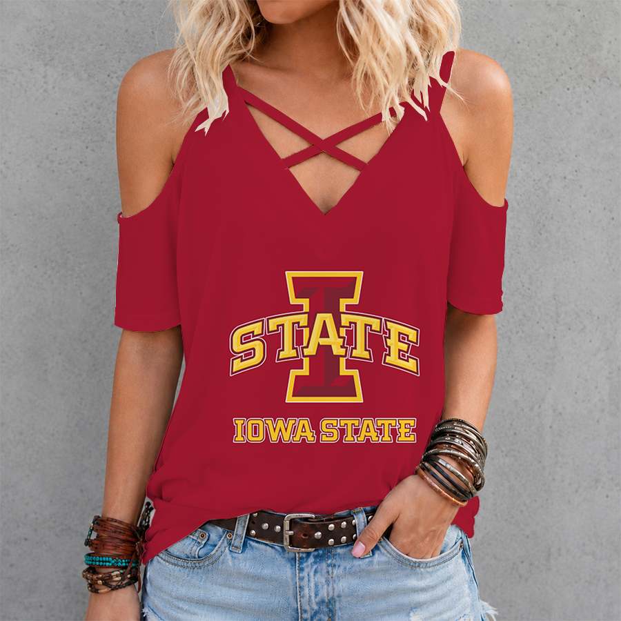 [FAN FAVORITE] NEW CUSTOMIZED NCAA MAM10 ISC IOWA STATE CYCLONES CRISS CROSS V-NECK TOP