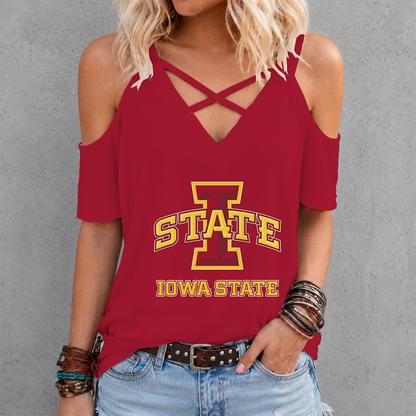 [FAN FAVORITE] NEW CUSTOMIZED NCAA MAM10 ISC IOWA STATE CYCLONES CRISS CROSS V-NECK TOP
