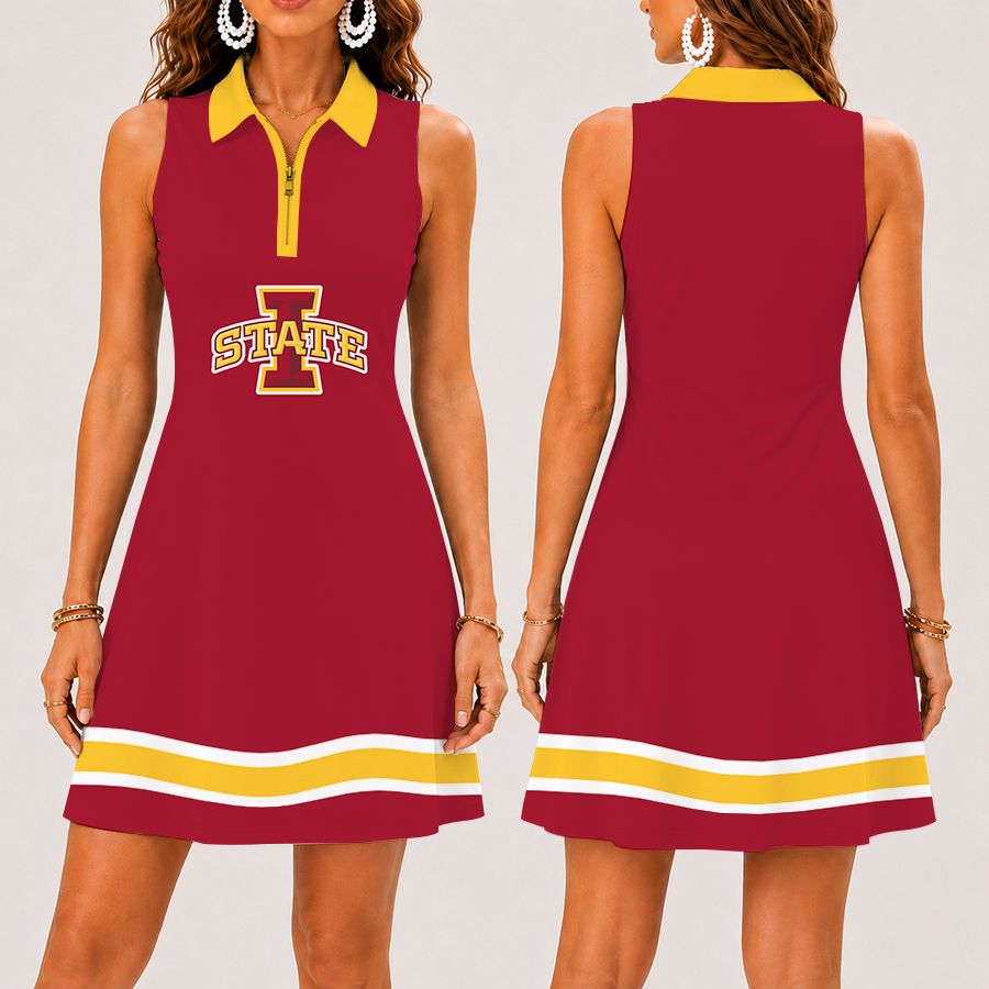 [FAN FAVORITE] NEW CUSTOMIZED NCAA MAM10 ISC IOWA STATE CYCLONES STRAPPY WOMEN'S ZIP SLEEVELESS POLO DRESS