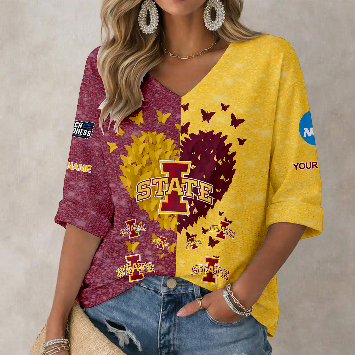 LIMITED EDITION - NEW CUSTOMIZED NCAA MAM10 ISC IOWA STATE CYCLONES WOMEN'S HEART V-NECK LONG SLEEVE SHIRT