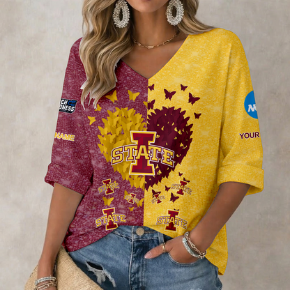 LIMITED EDITION - NEW CUSTOMIZED NCAA MAM10 ISC IOWA STATE CYCLONES WOMEN'S HEART V-NECK LONG SLEEVE SHIRT